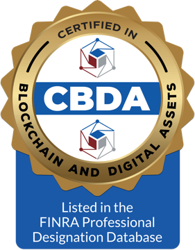 CBDA seal — Certified in Blockchain and Digital Assets, listed in the FINRA Professional Designation Database